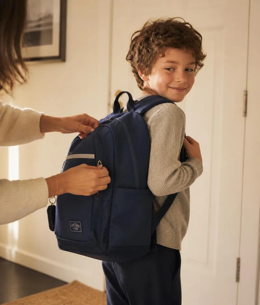 A child smiling while putting on a navy school backpack