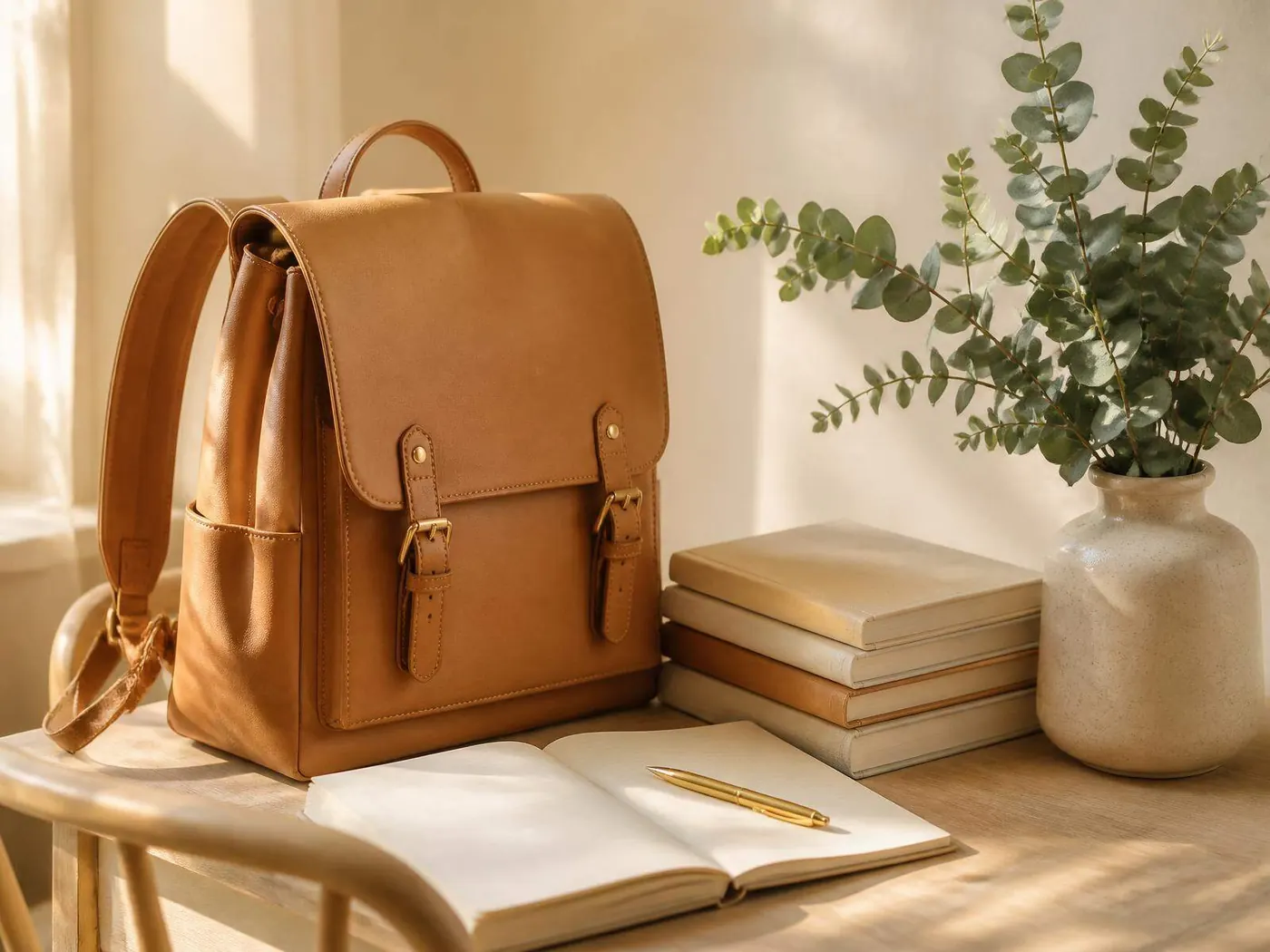 A leather school backpack, books and an open notebook in warm morning light