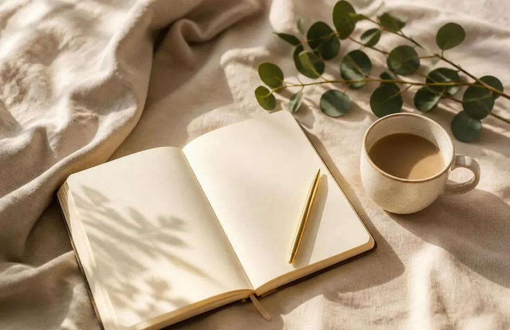 An open notebook with a gold pen, coffee cup and eucalyptus in soft morning light