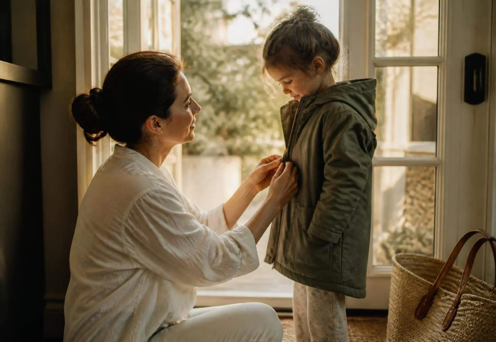 A mother zipping her daughter's coat by the front door in morning light