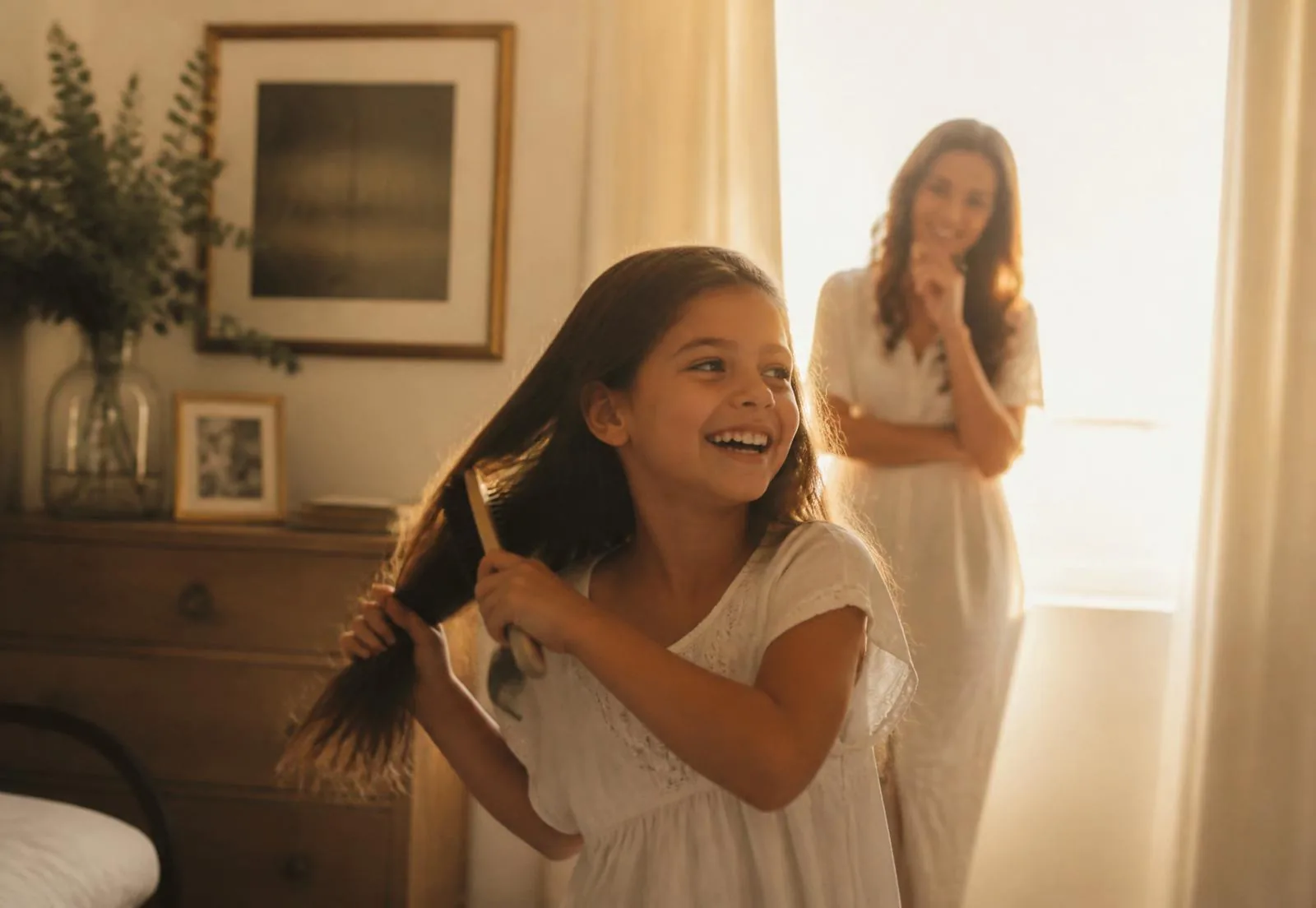 A girl laughing while brushing her hair as her mother watches