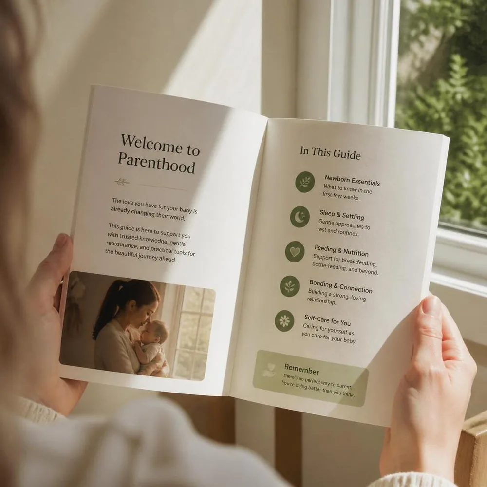 A parent reading the open guide beside a sunlit window