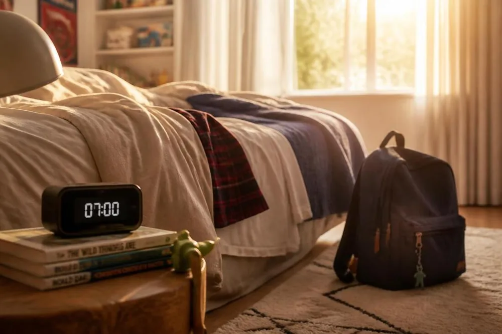 A child's bedroom at 7am with school clothes out and a backpack on the floor
