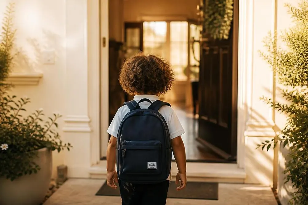 A child seen from behind wearing a navy school backpack in a sunlit doorway
