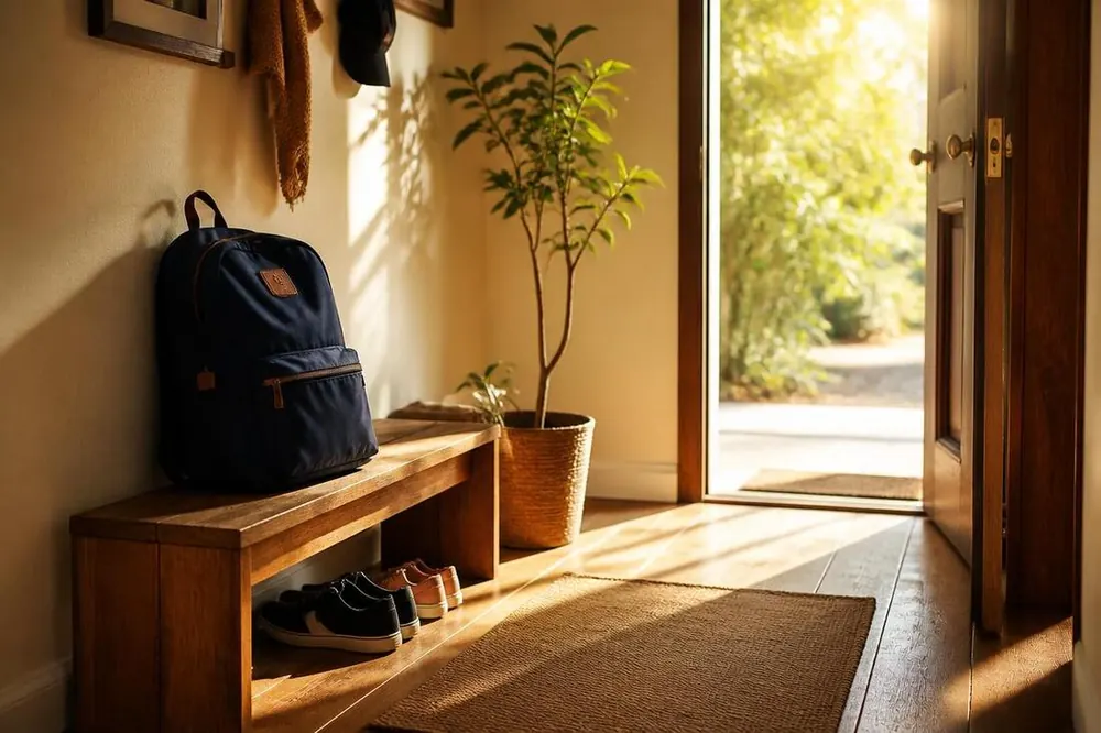 A tidy hallway bench with a navy backpack in warm morning light