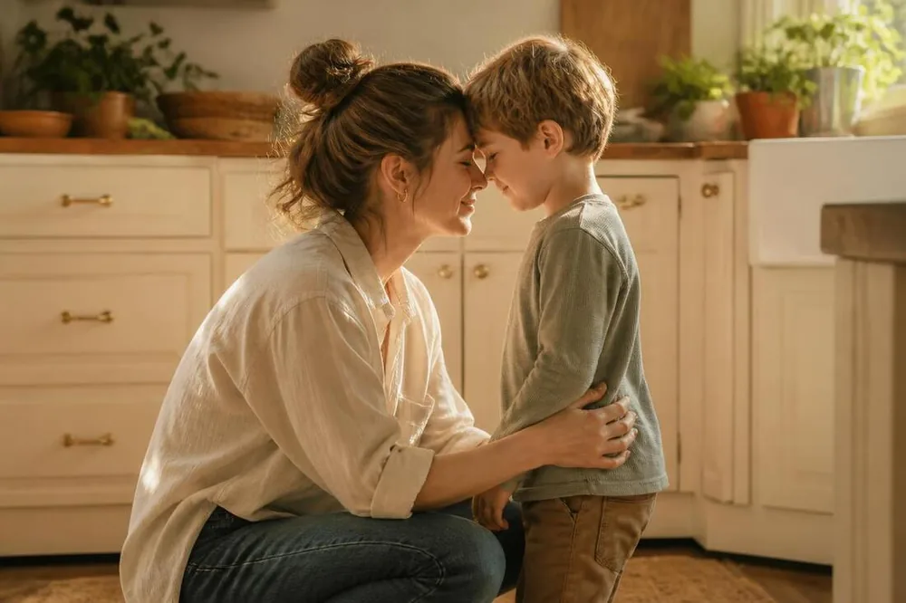 A mother and her son touching foreheads in a warm kitchen